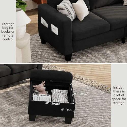 Vista 5 de Sofá Seccional Sofás para Sala de Estar - Sofá Moderno en Forma de L de Terciopelo Negro de 3 Asientos con Otomana de Almacenamiento Reversible