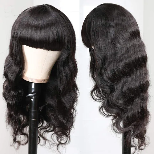 Vista 3 de FLE Peluca de cabello humano ondulado con flequillo, pelucas largas onduladas negras para mujer, pelucas de cabello humano negro natural, peluca