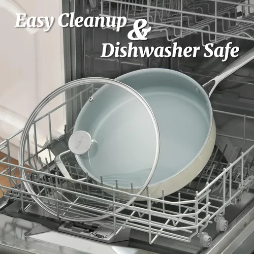 Vista 7 de Sartén Antiadherente para Saltear con Tapa de 5 QT Sartén Profunda para Freír con Mango Auxiliar de Acero Inoxidable de 12 Pulgadas Sartén Grande