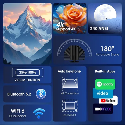Vista 2 de Mini proyector con WiFi y Bluetooth Aplicaciones incorporadas Proyector inteligente Soporte 4K 1080P FHD 180° ajustable Keystone automático