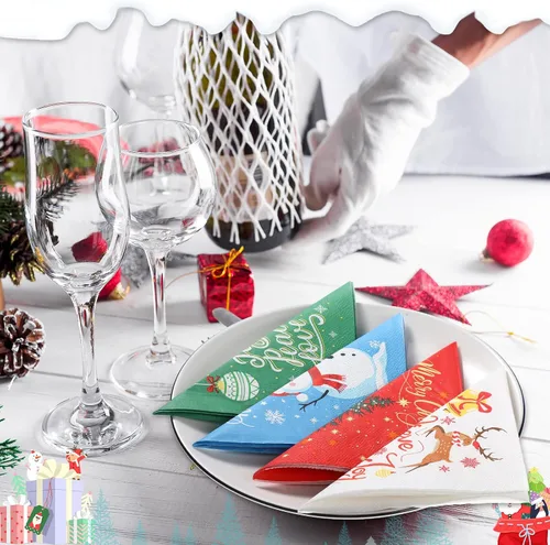 Vista 6 de Faccito 100 Pcs Christmas Napkins, Santa Paper Towel for Winter Holiday 3 Ply Disposable Cocktail Napkins, Merry Christmas Tree, Snowman, Elk, Xmas