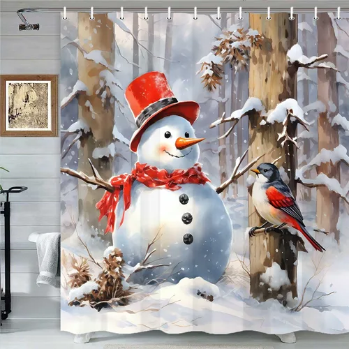Cortina de ducha de Feliz Navidad, muñeco de nieve, pájaros rojos, campo de nieve, bosque de pinos, vacaciones, decoración del hogar, cortinas de