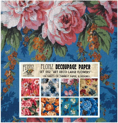 Paquete de papel para decoupage (24 hojas de 15,2 cm x 15,2 cm) Art Deco con flores grandes FLONZ estilo vintage para decoupage y manualidades