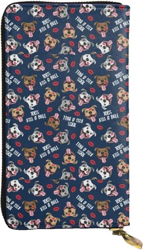 Leather Wallets for Women Man RFID Cute Pit Bull Dog Fabric Wallet Blocking Zip Wallet Credit Card Holder