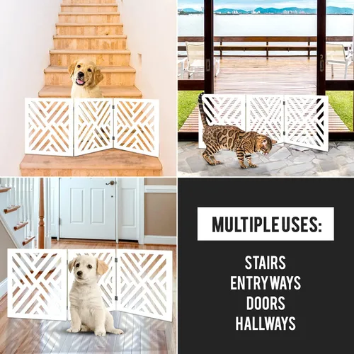 Vista 5 de Bundaloo Puerta independiente para perros, valla de madera decorativa expandible para perros pequeños a medianos, barrera para escaleras, puertas