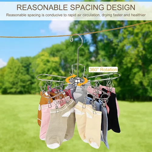 Vista 2 de Estoder Percha de secado de ropa plegable de acero inoxidable con 20 clips, colgador de secadora de calcetines para colgar ropa interior, toallas