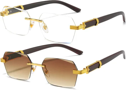 AIEYEZO Gafas de sol retro sin montura rectangulares, unisex, vintage, sin marco, gafas de sol cuadradas tintadas Paquete de 2 (oro/transparente +