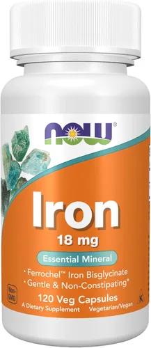 NOW Foods Suplementos, Hierro 18 mg, Sin estreñimiento*, Mineral esencial, 120 cápsulas veganas