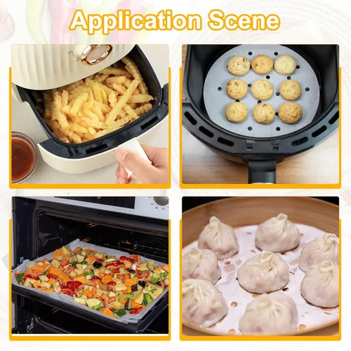 Vista 6 de HARFINGTON 200 forros para freidora de aire de 7 pulgadas, cuadrados de bambú con agujeros, hojas de papel pergamino perforadas antiadherentes