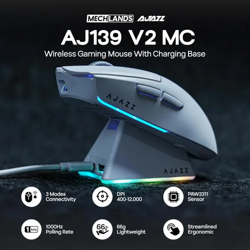 Vista 2 de MechLands AJAZZ AJ139 V2 MC Mouse para juegos con base de carga, ajustable 12,000 DPI, sensor PAW3311, 3 modos de mouse inalámbrico, batería de 500