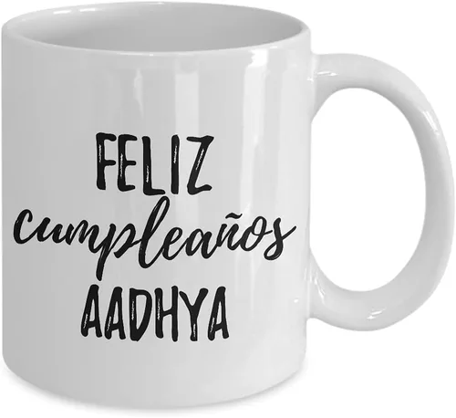 Vista 2 de Feliz Cumpleanos Aadhya Mug Spanish Happy Birthday Personalized Name Gift Coffee Tea Cup 11 oz