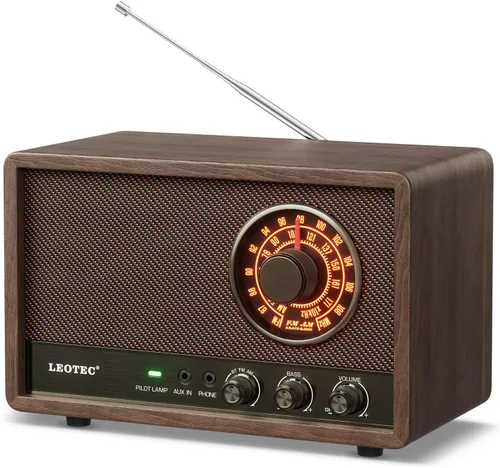 LEOTEC Radio AM FM, radio de mesa de madera retro, altavoz Bluetooth portátil enchufable en la pared, la mejor recepción con AUX, conector para