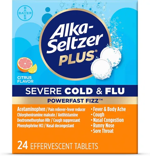 Alka-Seltzer Plus Severo, Medicamento para el Resfriado y la Gripe, Tabletas Efervescentes de Cítricos, Congestión Nasal y Sinusal, Estornudos,