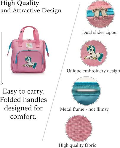 Vista 3 de HappyVk - Bolsa de pañales rosa para muñecas con cambiador de muñecas- Bolso para niñas - Unicornio