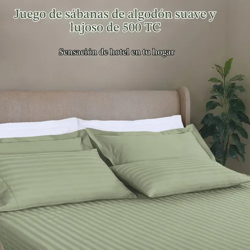 Vista 2 de Threadmill Juego de sábanas de algodón de 500 hilos, diseño de damasco Rayas verdes salvia