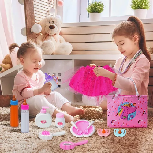 Vista 7 de Paquete de 20 accesorios para muñecas de bebé, juego de alimentación y cuidado de muñecas que desaparecen con 2 botellas de leche y jugo, 2 chupetes