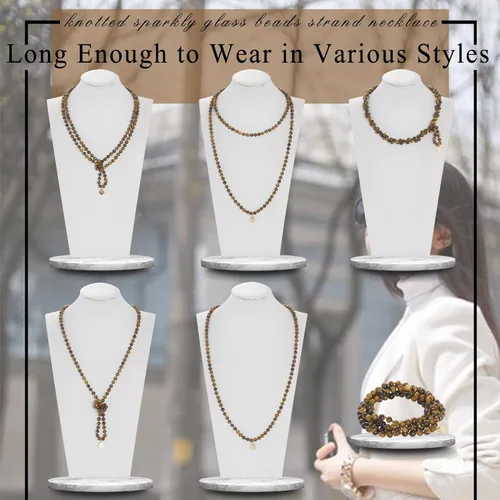 Vista 3 de Firstmeet Stone Necklace Long Agate Beads Chain Round Smooth Bracelet Jewelry for Women