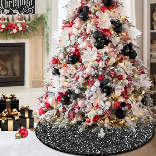 Vista 6 de Falda de lentejuelas para árbol de Navidad, 48 pulgadas, doble capa, para bodas y fiestas