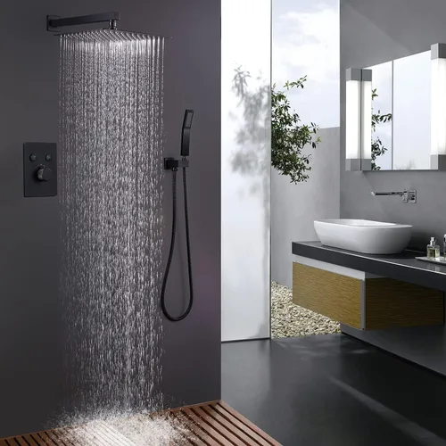 Vista 9 de Sistema de ducha negro mate de 12 pulgadas, cabezal de ducha de lluvia con rociador de mano, kit de ducha combinado con cabezal de ducha y válvula