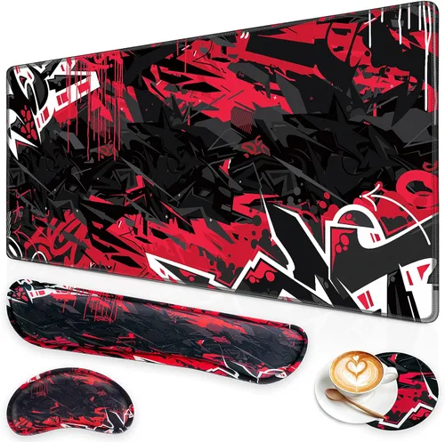 Set de Alfombrilla de Ratón para Juegos Canjoy, 4-en-1 XXL Grande Alfombrilla de Ratón + Reposamuñecas para Teclado + Portavasos, (89.9×39.9 cm)