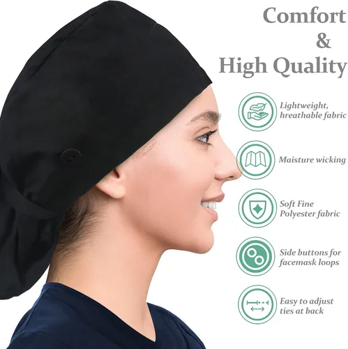 Vista 6 de IRIS CRAFT Gorra de trabajo con botón de pelo largo, ajustable, banda para el sudor, soporte de cola de caballo de algodón, sombreros de amarre