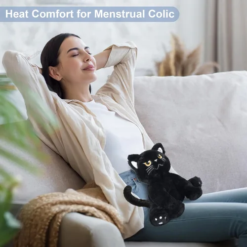 Vista 4 de SuzziPals Animales de peluche de gato negro calentables y refrigerables, lindos peluches de almohadilla térmica para microondas para calmar