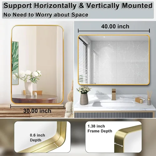 Vista 6 de Espejo de pared rectangular con marco de metal negro de 30 x 40 pulgadas, espejo rectangular grande y redondeado, antioxidante, vidrio templado, se