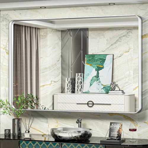 Vista 47 de TokeShimi Espejo de pared de baño de níquel cepillado de 20 x 30 pulgadas, marco de metal, esquina redonda, rectangular, para decoración del hogar
