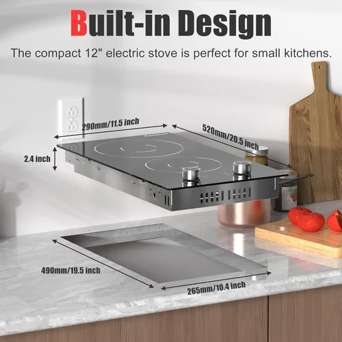 Vista 7 de Placa eléctrica de 2 quemadores, encimera de 12 pulgadas y estufa eléctrica integrada, estufa eléctrica de 110 V con enchufe, control de perilla, 9