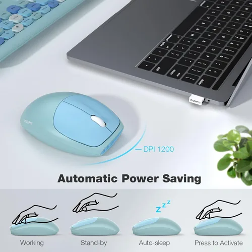 Vista 4 de MOFII Combo de teclado inalámbrico y mouse silencioso, delgado y compacto USB de 2.4 G, tamaño completo, lindo teclado de 110 teclas para PC