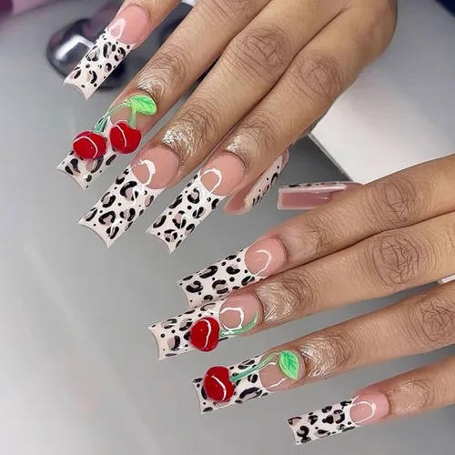 Vista 24 de BABALAL Uñas postizas cuadradas a presión, uñas postizas largas, punta francesa gris, pegamento en 3D, diseño metálico, uñas acrílicas góticas, 24