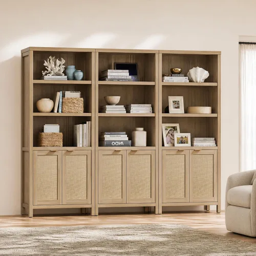 Vista 9 de SICOTAS 71" Tall Bookcase 5 Tier Rattan Bookshelf with Doors for Library Roble negro