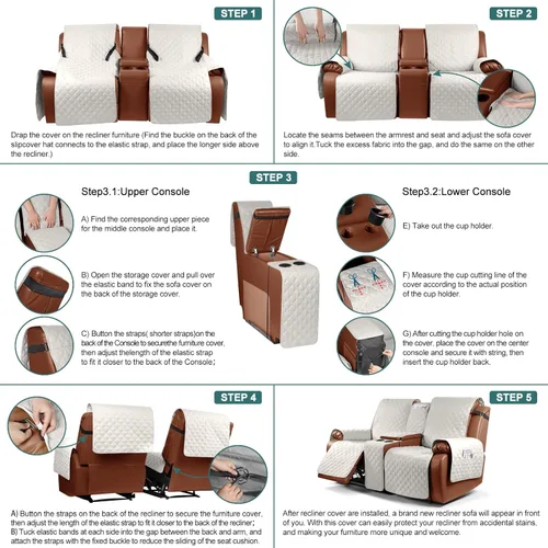 Vista 7 de Ruaozz Funda impermeable para sofá biplaza reclinable con consola, funda antideslizante para sofá reclinable dividido, con correas elásticas, Beige