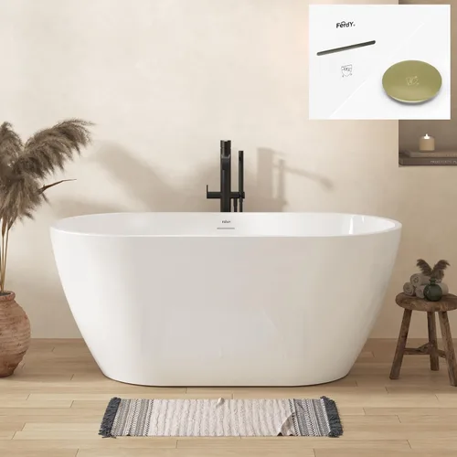 Vista 23 de FerdY Bañera independiente de acrílico Bali de 47 pulgadas, bañera independiente con forma elegante, certificado cUPC, drenaje dorado cepillado