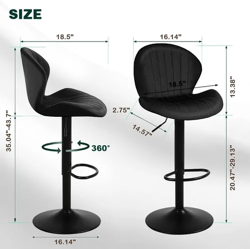 Vista 24 de Juego de 2 taburetes de bar modernos, taburetes de bar giratorios de altura ajustable de terciopelo, sillas de encimera de isla de cocina sin brazos