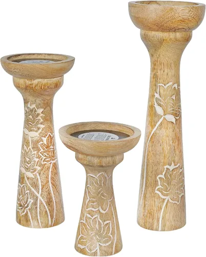 Vista 10 de Mela Artisans Pakshi - Juego de 3 portavelas de madera de mango de 6, 9 y 12 pulgadas, color blanco envejecido, portavelas de madera para mesa