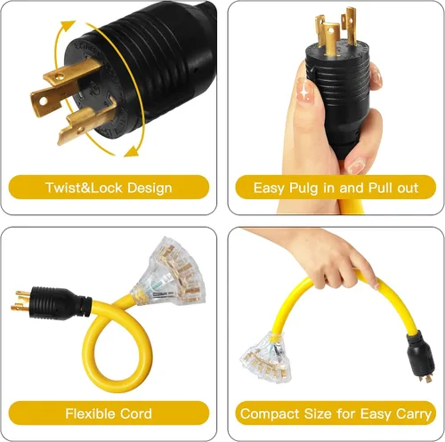 Vista 6 de Cable de alimentación para generador de 30 amperios a 110, adaptador de generador de 3 clavijas de 30 amperios a 15 A, enchufe de alimentación macho