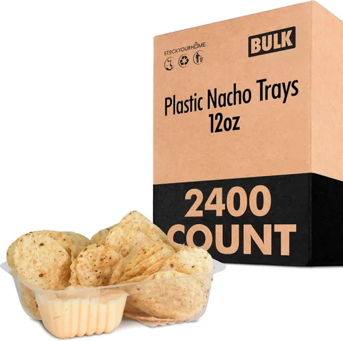 Vista 12 de Bandejas de nachos de plástico de 12 oz (100 unidades) Bandeja pequeña desechable para nachos y salsa de queso, suministros para puestos de venta