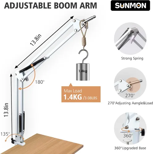 Vista 3 de SUNMON Brazo de brazo blanco para Fifine K688 - Brazo de brazo de micrófono compatible con micrófono Fifine, brazo de brazo de micrófono con clip