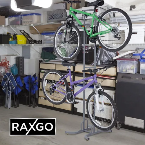 Vista 6 de RaxGo Estante de almacenamiento de garaje para bicicletas, soporte de piso de garaje para 2 bicicletas, independiente, ganchos ajustables
