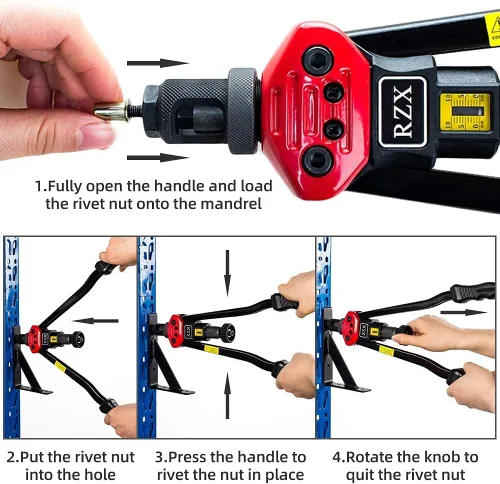 Vista 4 de RZX Herramienta de tuerca de remache de 16 pulgadas, kit profesional de herramientas de tuerca de remache que incluye 12 mandriles métricos y SAE