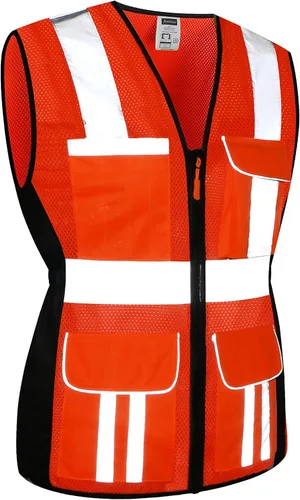 Vista 4 de Chaleco de seguridad para mujer, múltiples bolsillos, de alta visibilidad, reflectante, malla transpirable, chaleco de trabajo para dama, cremallera