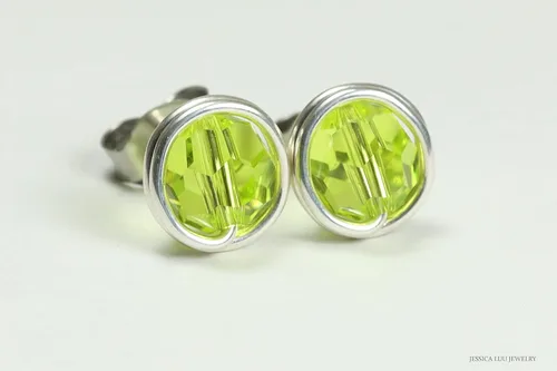 Vista 3 de Jessica Luu Jewelry Chartreuse Green Stud Earrings Sterling Silver or Gold Wire Wrapped Citrus Crystal Handmade