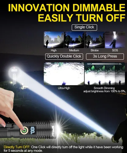 Vista 5 de Linterna recargable de alto lúmenes, luz magnética súper brillante con pantalla digital de potencia, largo alcance, regulable, impermeable, linterna