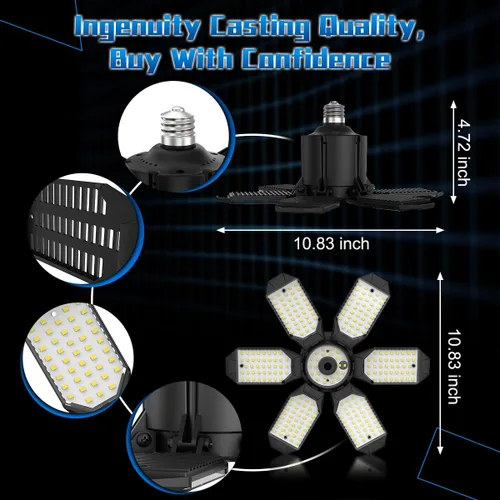 Vista 6 de Luz de garaje – Bombilla de garaje súper brillante de 15000 lúmenes, equivalente a 150 W, atornillada en enchufe E26 con 6 paneles deformables, 6500