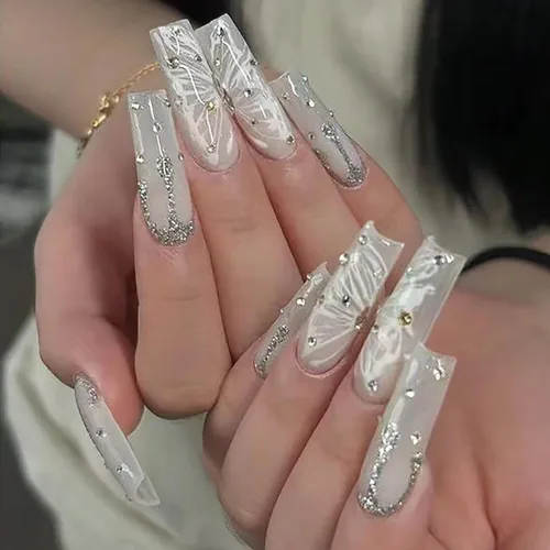 Vista 8 de RTKHFZE Uñas de Presión Francesas Uñas Postizas de Presión Largas Cuadradas con Dijes Diseños de Mariposas 3D y Diamantes de Imitación Uñas