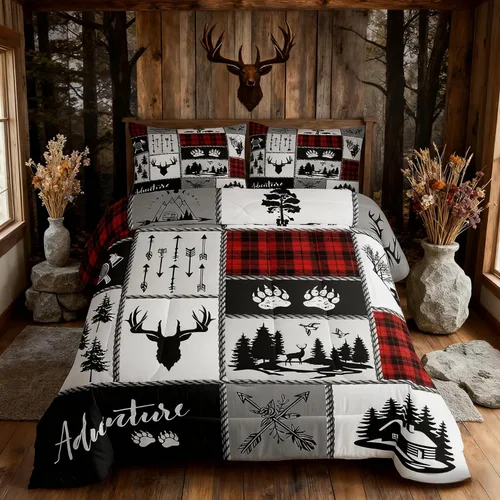 Vista 41 de Manfei Juego de Edredón de Siluetas de Animales con Astas de Ciervo Tamaño Full, Juego de Ropa de Cama de Camuflaje con Cuadros Geométricos de 3