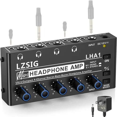 LZSIG Amplificador de auriculares de 4 canales, amplificador de audio estéreo de metal con refuerzo de graves, mini divisor de auriculares con