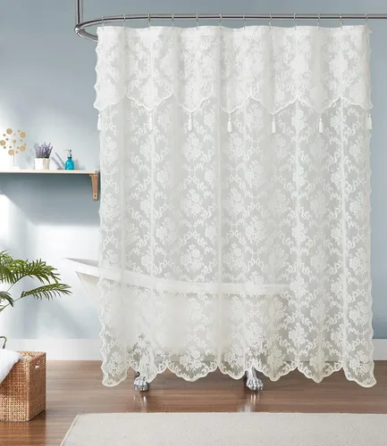 Vista 7 de LinenZone Cortinas de ducha de encaje de 72 x 72 pulgadas con cenefa adjunta y borlas. La cortina de ducha de tela de encaje es ideal