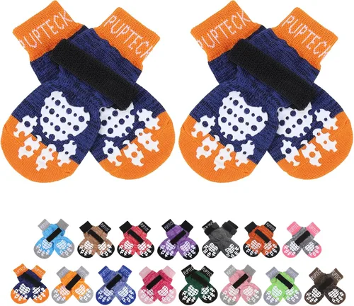 Vista 16 de PUPTECK Calcetines antideslizantes de doble cara para perro con correas ajustables para uso en interiores, 2 pares de calcetines de control